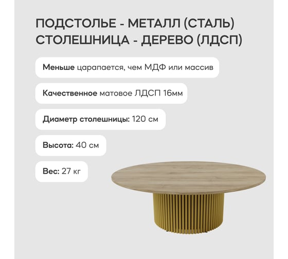 Журнальный круглый стол GENGLASS TRUBIS Wood с металлическим подстольем 600х600 мм, золотое подстолье столешница орех 120 см GGT-03-1-1-M-120