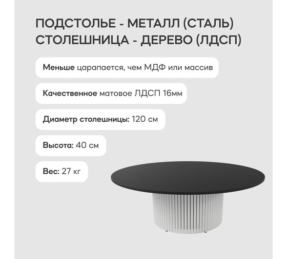 Круглый журнальный стол GENGLASS TRUBIS Wood с металлическим подстольем 600х600 мм, белое подстолье и чёрная столешница 120 см GGT-03-3-2-M-120