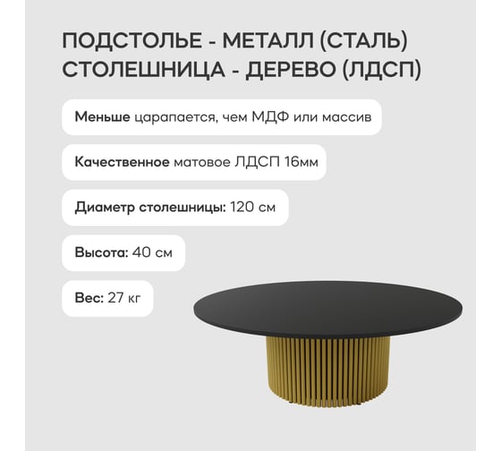 Круглый журнальный стол GENGLASS TRUBIS Wood с металлическим подстольем 600х600 мм, золотое подстолье и чёрная столешница 120 см GGT-03-1-2-M-120