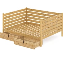 Тахта двуспальная Solarius из массива сосны, с реечным основанием и высокими бортиками, 160x160 см, габариты 170x170 см, с двумя выкатными ящиками, без покраски tahta-spin160-160-2yash