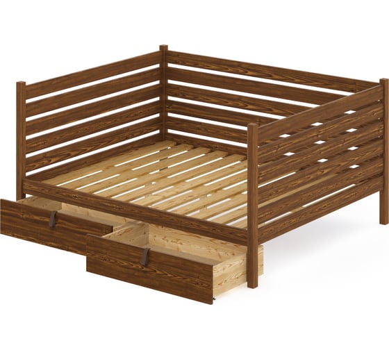 Тахта двуспальная Solarius из массива сосны, с реечным основанием и высокими бортиками, 140x200 см, габариты 150x210 см, с двумя выкатными ящиками, цвет темного дуба tahta-spin140-200temd-2yash 1