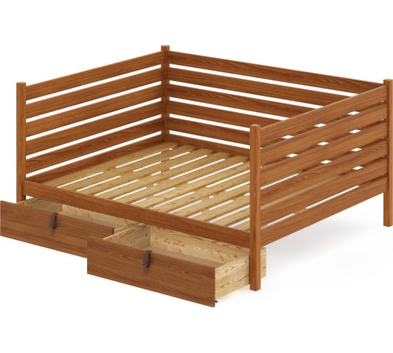 Тахта двуспальная Solarius из массива сосны, с реечным основанием и высокими бортиками, 140x160 см, габариты 150x170 см, с двумя выкатными ящиками, цвет ольхи tahta-spin140-160olha-2yash 1