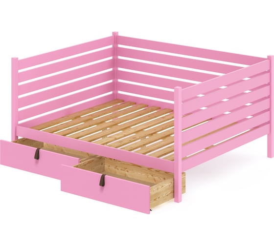 Тахта двуспальная Solarius из массива сосны с реечным основанием и высокими бортиками, 140x180 см (габариты 150x190), с двумя выкатными ящиками, цвет розовый tahta-spin140-180roz-2yash 1