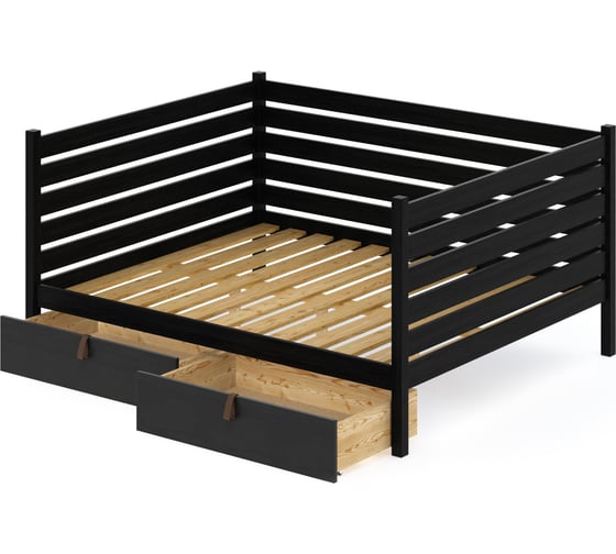 Тахта двуспальная Solarius из массива сосны с реечным основанием и высокими бортиками, 140x170 см (габариты 150x180), с двумя выкатными ящиками, цвет черный оникс tahta-spin140-170onix-2yash 1