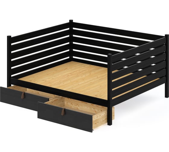 Тахта двуспальная Solarius из массива сосны со сплошным основанием и высокими бортиками, 140x190 см (габариты 150x200), с двумя выкатными ящиками, цвет черный оникс tahta-spin140-190onix-full-2yash 1