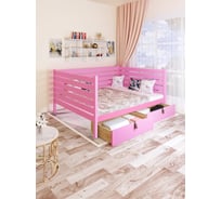 Двуспальная тахта Solarius из массива сосны с реечным основанием и высокими бортиками, 140x170 см (габариты 150x180), с двумя выкатными ящиками, цвет розовый tahta-spin140-170roz-2yash