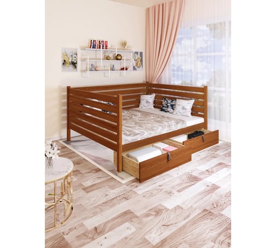 Двуспальная тахта Solarius из массива сосны с реечным основанием и высокими бортиками, 140x160 см (габариты 150x170), с двумя выкатными ящиками, без покраски tahta-spin140-160-2yash 1