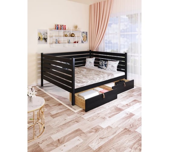 Двуспальная тахта Solarius из массива сосны с реечным основанием и высокими бортиками, 120x180 см (габариты 130x190), с двумя выкатными ящиками, цвет черный оникс tahta-spin120-180onix-2yash 1