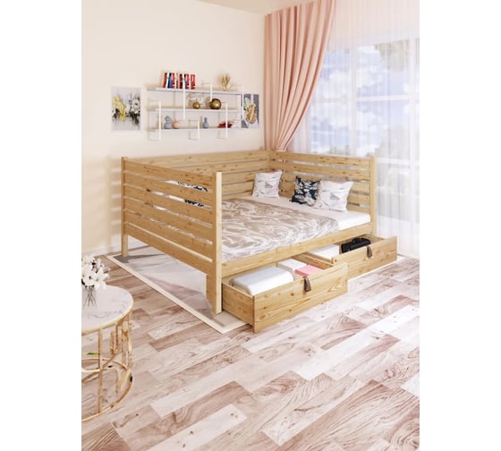 Двуспальная тахта Solarius из массива сосны с реечным основанием и высокими бортиками, 120x180 см (габариты 130x190), с двумя выкатными ящиками, лакированная tahta-spin120-180lak-2yash 1