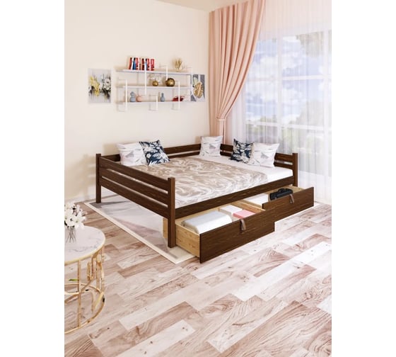 Двуспальная тахта Solarius из массива сосны с реечным основанием, 160x170 см (габариты 170x180), с двумя выкатными ящиками, цвет темного дуба tahta160-170temd-2yash 1