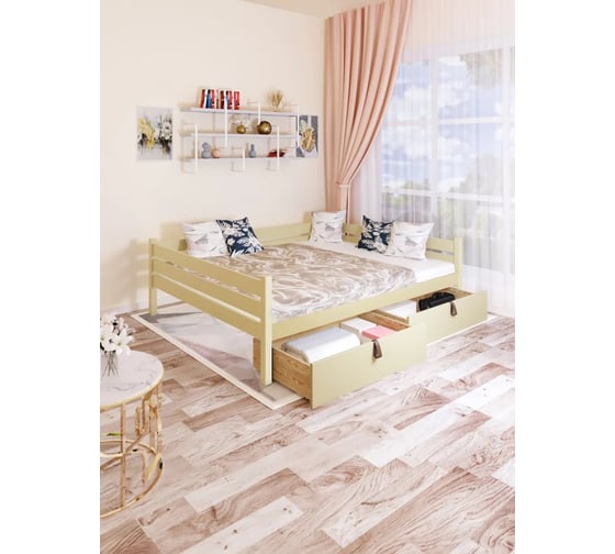 Двуспальная тахта Solarius из массива сосны с реечным основанием, 160x190 см (габариты 170x200), с двумя выкатными ящиками, цвет ванили tahta160-190van-2yash 1