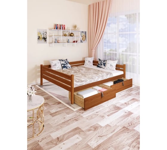 Двуспальная тахта Solarius из массива сосны с реечным основанием, 180x180 см (габариты 190x190), с двумя выкатными ящиками, цвет ольхи tahta180-180olha-2yash 1