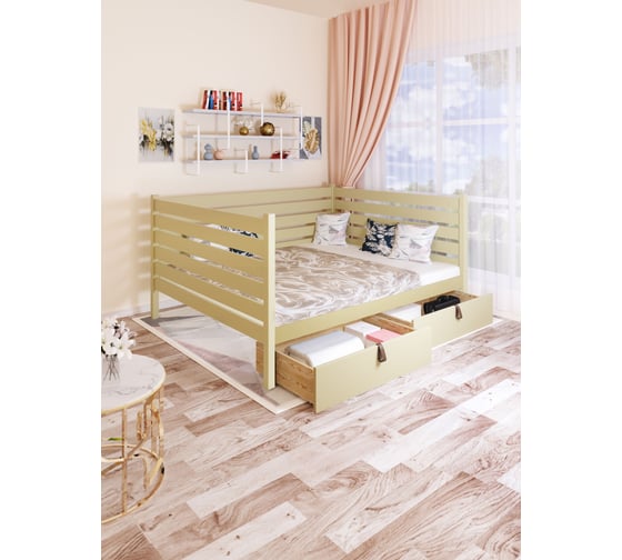Тахта двуспальная Solarius из массива сосны с реечным основанием и высокими бортиками, 180x200 см (габариты 190x210), с двумя выкатными ящиками, цвет ванили tahta-spin180-200van-2yash 1
