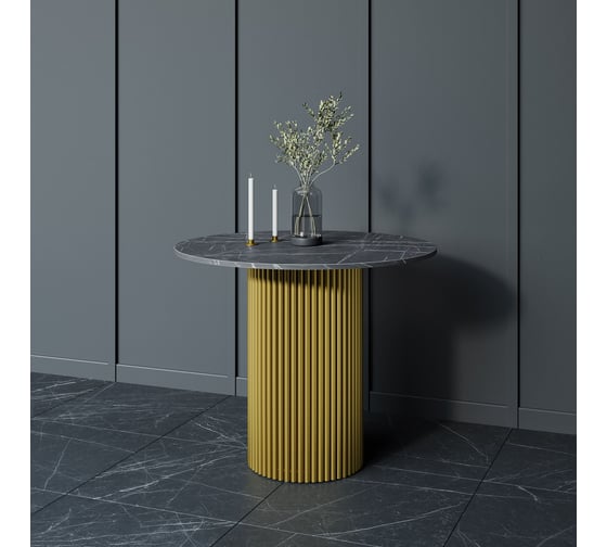 Стол круглый обеденный GENGLASS с металлическим подстольем 400х400 мм, TRUBIS Wood, золотое подстолье, столешница черный мрамор 90 см GGT-03-1-4-L-90 1