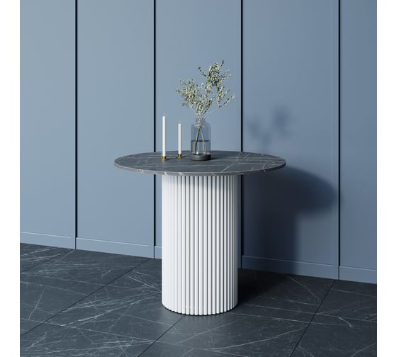 Стол круглый обеденный GENGLASS с металлическим подстольем 400х400 мм, TRUBIS Wood, белое подстолье, столешница черный мрамор 90 см GGT-03-3-4-L-90 1