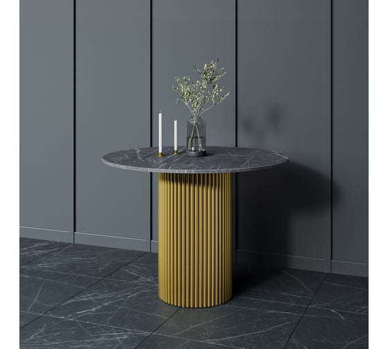 Стол круглый обеденный GENGLASS с металлическим подстольем 400х400 мм, TRUBIS Wood, золотое подстолье, столешница черный мрамор 100 см GGT-03-1-4-L-100 1