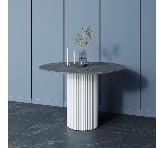 Стол круглый обеденный GENGLASS с металлическим подстольем 400х400 мм, TRUBIS Wood, белое подстолье, столешница черный мрамор 110 см GGT-03-3-4-L-110 1