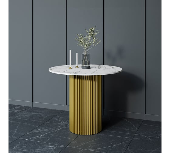 Стол круглый обеденный GENGLASS с металлическим подстольем 400х400 мм, TRUBIS Wood, золотое подстолье, столешница белый мрамор 110 см GGT-03-1-5-L-110
