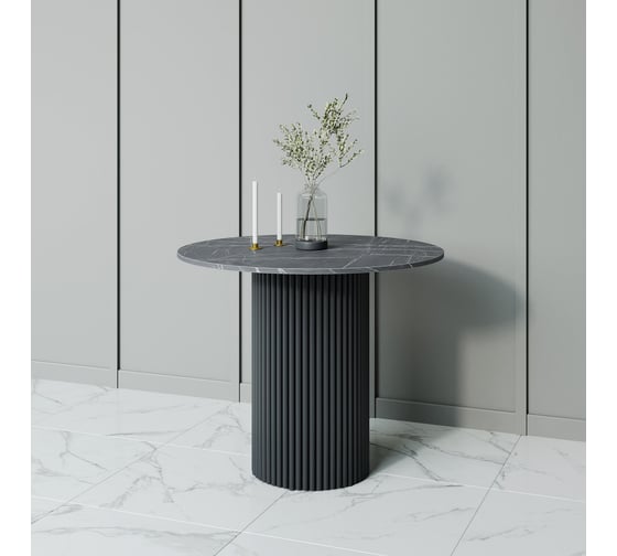 Стол круглый обеденный GENGLASS с металлическим подстольем 400х400 мм, TRUBIS Wood, черное подстолье, столешница черный мрамор 110 см GGT-03-2-4-L-110