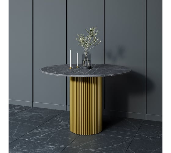 Стол круглый обеденный GENGLASS с металлическим подстольем 400х400 мм, TRUBIS Wood, золотое подстолье, столешница черный мрамор 110 см GGT-03-1-4-L-110 1