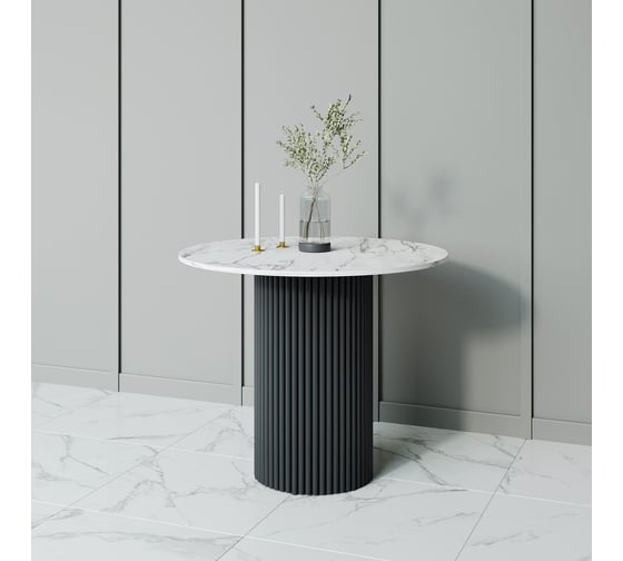 Стол круглый обеденный GENGLASS с металлическим подстольем 400х400 мм, TRUBIS Wood, черное подстолье, столешница белый мрамор 110 см GGT-03-2-5-L-110