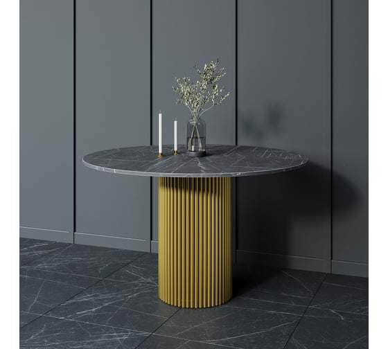Стол круглый обеденный GENGLASS с металлическим подстольем 400х400 мм, TRUBIS Wood, золотое подстолье, столешница черный мрамор 120 см GGT-03-1-4-L-120 1