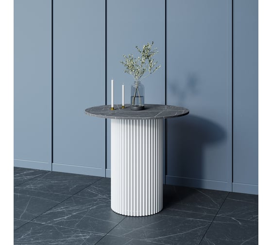 Стол круглый обеденный GENGLASS с металлическим подстольем 400х400 мм, TRUBIS Wood, белое подстолье, столешница черный мрамор 80 см GGT-03-3-4-L-80 1