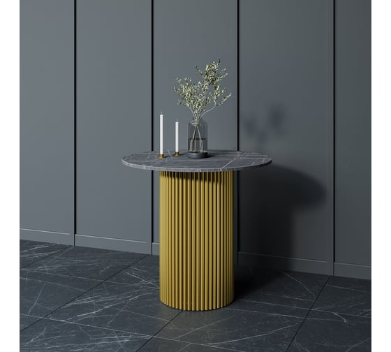 Стол круглый обеденный GENGLASS с металлическим подстольем 400х400 мм, TRUBIS Wood, золотое подстолье, столешница черный мрамор 80 см GGT-03-1-4-L-80 1