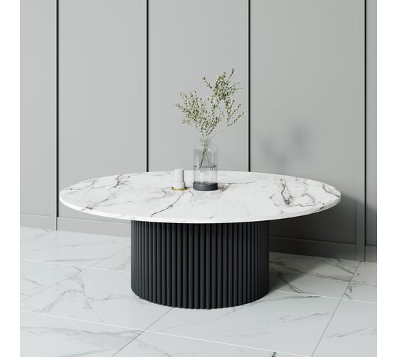 Стол круглый обеденный GENGLASS с металлическим подстольем 600х600 мм, TRUBIS Wood, черное подстолье, столешница белый мрамор 120 см GGT-03-2-5-M-120