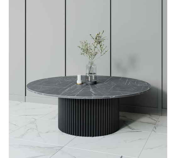 Стол круглый обеденный GENGLASS с металлическим подстольем 600х600 мм, TRUBIS Wood, черное подстолье, столешница черный мрамор 100 см GGT-03-2-4-M-100