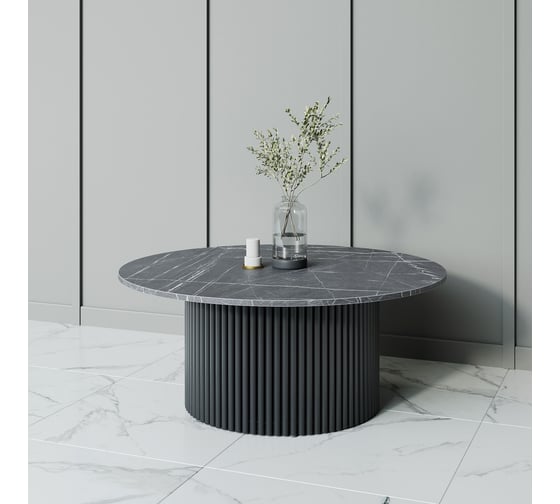 Стол круглый обеденный GENGLASS с металлическим подстольем 600х600 мм, TRUBIS Wood, черное подстолье, столешница черный мрамор 100 см GGT-03-2-4-M-100 1