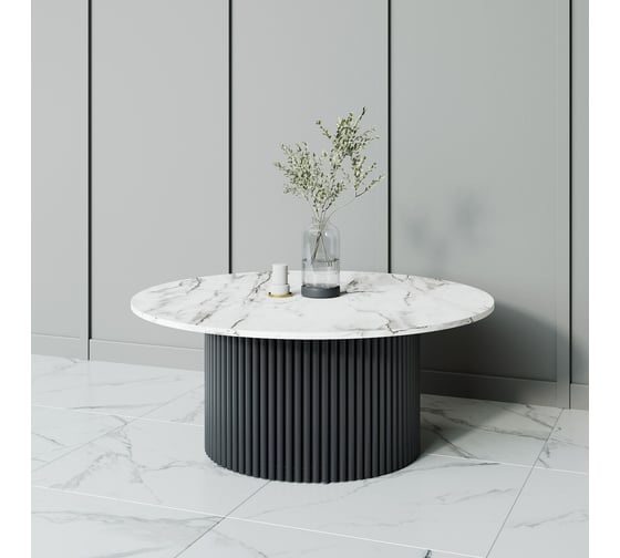 Стол круглый обеденный GENGLASS с металлическим подстольем 600х600 мм, TRUBIS Wood, черное подстолье, столешница белый мрамор 100 см GGT-03-2-5-M-100