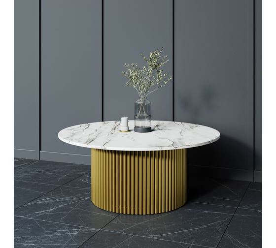 Стол круглый обеденный GENGLASS с металлическим подстольем 600х600 мм, TRUBIS Wood, золотое подстолье, столешница белый мрамор 100 см GGT-03-1-5-M-100
