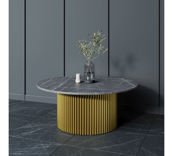 Стол круглый обеденный GENGLASS с металлическим подстольем 600х600 мм, TRUBIS Wood, золотое подстолье, столешница черный мрамор 100 см GGT-03-1-4-M-100 1