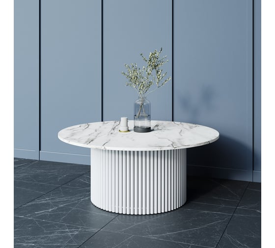 Стол круглый обеденный GENGLASS с металлическим подстольем 600х600 мм, TRUBIS Wood, белое подстолье, столешница белый мрамор 100 см GGT-03-3-5-M-100