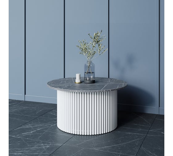 Стол круглый обеденный GENGLASS с металлическим подстольем 600х600 мм, TRUBIS Wood, белое подстолье, столешница черный мрамор 80 см GGT-03-3-4-M-80 1