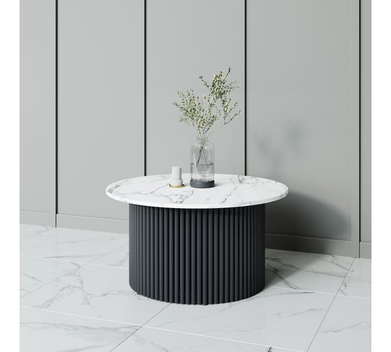 Стол круглый обеденный GENGLASS с металлическим подстольем 600х600 мм, TRUBIS Wood, черное подстолье, столешница белый мрамор 80 см GGT-03-2-5-M-80