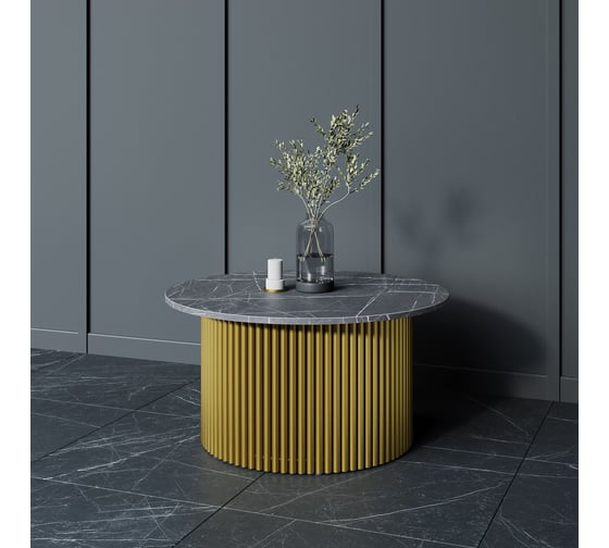 Стол круглый обеденный GENGLASS с металлическим подстольем 600х600 мм, TRUBIS Wood, золотое подстолье, столешница черный мрамор 80 см GGT-03-1-4-M-80 1