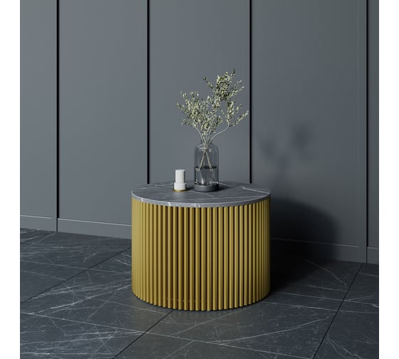 Стол круглый обеденный GENGLASS с металлическим подстольем 600х600 мм, TRUBIS Wood, золотое подстолье, столешница черный мрамор 60 см GGT-03-1-4-M-60