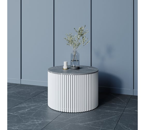 Стол круглый обеденный GENGLASS с металлическим подстольем 600х600 мм, TRUBIS Wood, белое подстолье, столешница черный мрамор 60 см GGT-03-3-4-M-60 1