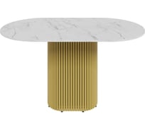 Стол овальный обеденный GENGLASS с золотым металлическим подстольем и столешницей белый мрамор TRUBIS Wood, 1400х800х750 мм GGT-03-1-5-O-14080