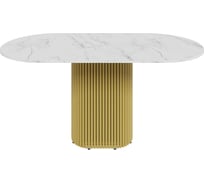 Стол овальный обеденный GENGLASS с золотым металлическим подстольем и столешницей белый мрамор TRUBIS Wood, 1600х900х750 мм GGT-03-1-5-O-16080