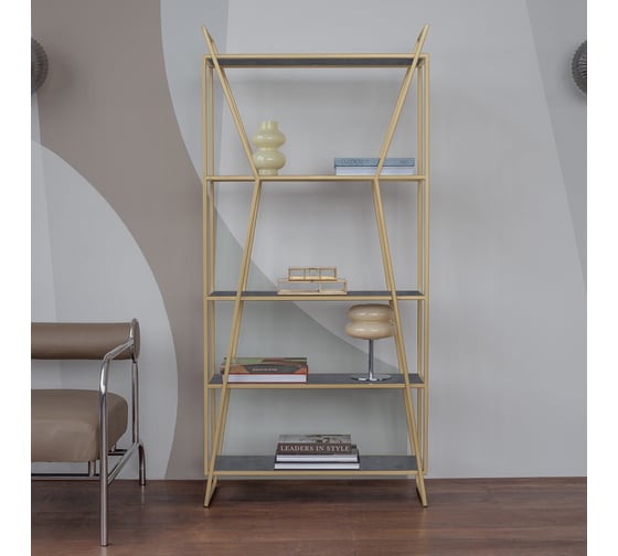 Стеллаж GreenWeen OSLO MINI, золотой каркас, полки керамика Antracite, 800x330x1710 мм GW-OSLO-MINI-G-KA