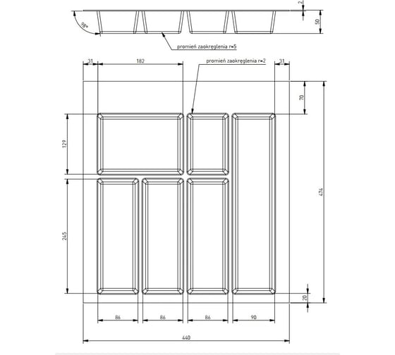 Лоток для столовых приборов GTV AXISPACE в ящик 500 мм, черный, WK-SZ-AS-500-20