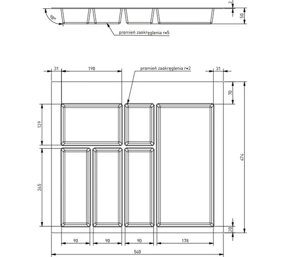 Лоток для столовых приборов GTV AXISPACE в ящик 600 мм, черный, WK-SZ-AS-600-20