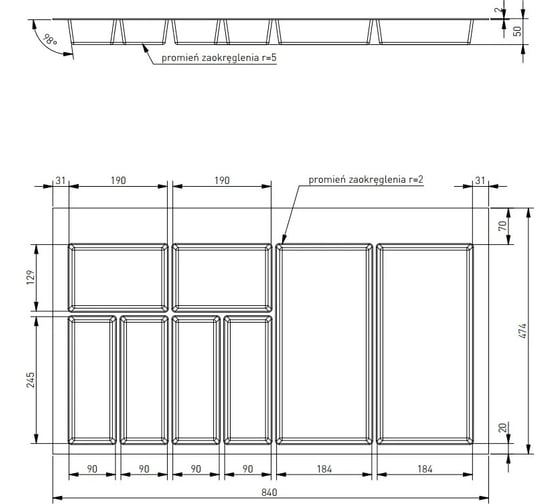 Лоток для столовых приборов GTV AXISPACE в ящик 900 мм, черный, WK-SZ-AS-900-20