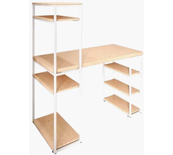 Стол стеллаж письменный, компьютерный Solarius Loft с полками и открытой тумбой, 100x60 см, без шлифовки и покраски с белым каркасом stol-stellaz-net-10060-white