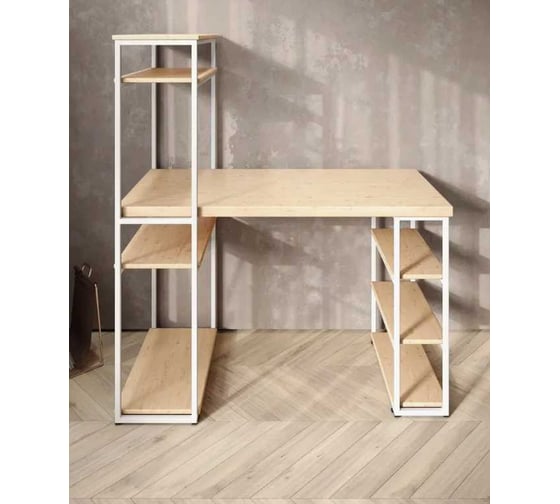 Стол стеллаж письменный, компьютерный Solarius Loft с полками и открытой тумбой, 120x60 см, без шлифовки и покраски с белым каркасом stol-stellaz-net-12060-white