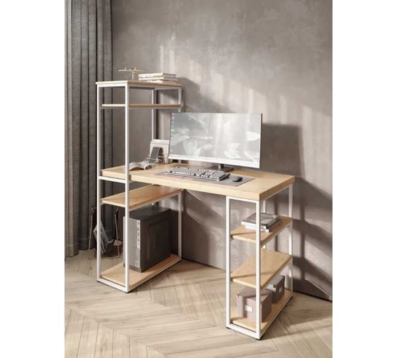 Стол стеллаж письменный, компьютерный Solarius Loft с полками и открытой тумбой, 120x60 см, без шлифовки и покраски с белым каркасом stol-stellaz-net-12060-white