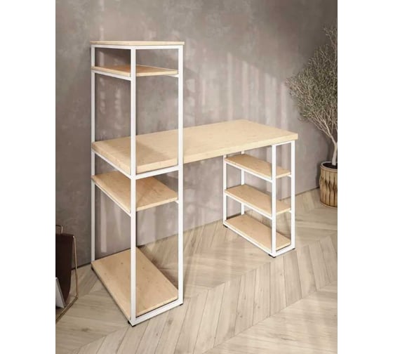Стол стеллаж письменный, компьютерный Solarius Loft с полками и открытой тумбой, 120x60 см, без шлифовки и покраски с белым каркасом stol-stellaz-net-12060-white
